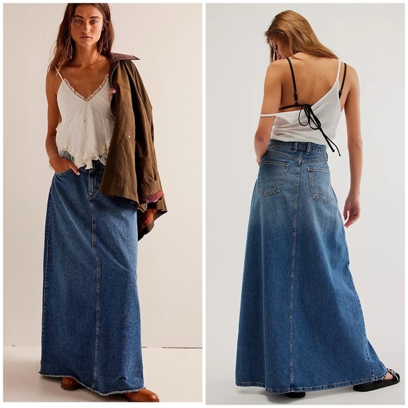 Free people / Come as you are denim maxi skirt 0 - Picture 1 of 6